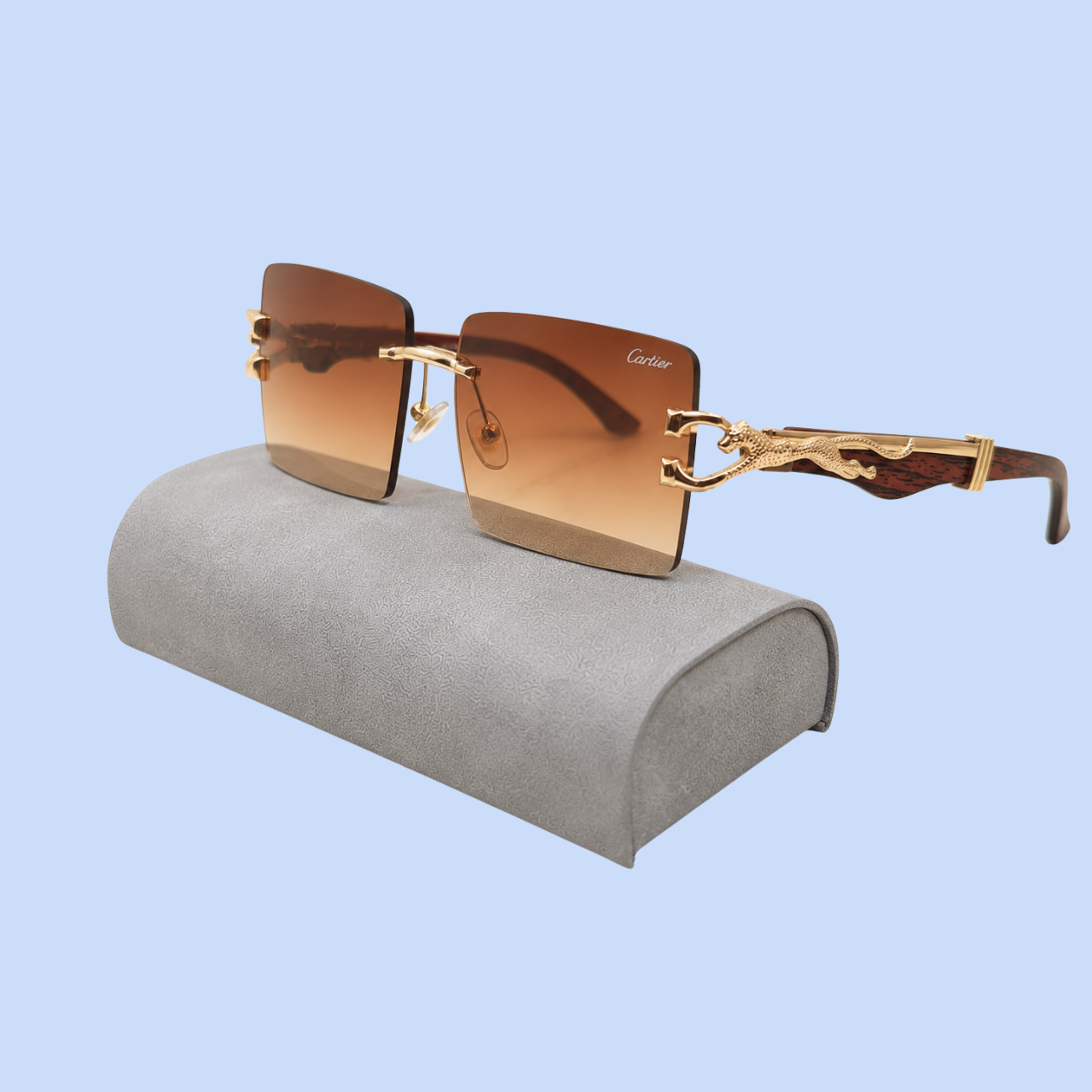 Cartier RR46 Golden Rimless Rectangle Sunglasses – Gradient Brown Lens – Premium Metal Frame with Wooden Texture Temples