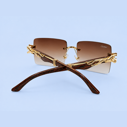 Cartier RR46 Golden Rimless Rectangle Sunglasses – Gradient Brown Lens – Premium Metal Frame with Wooden Texture Temples