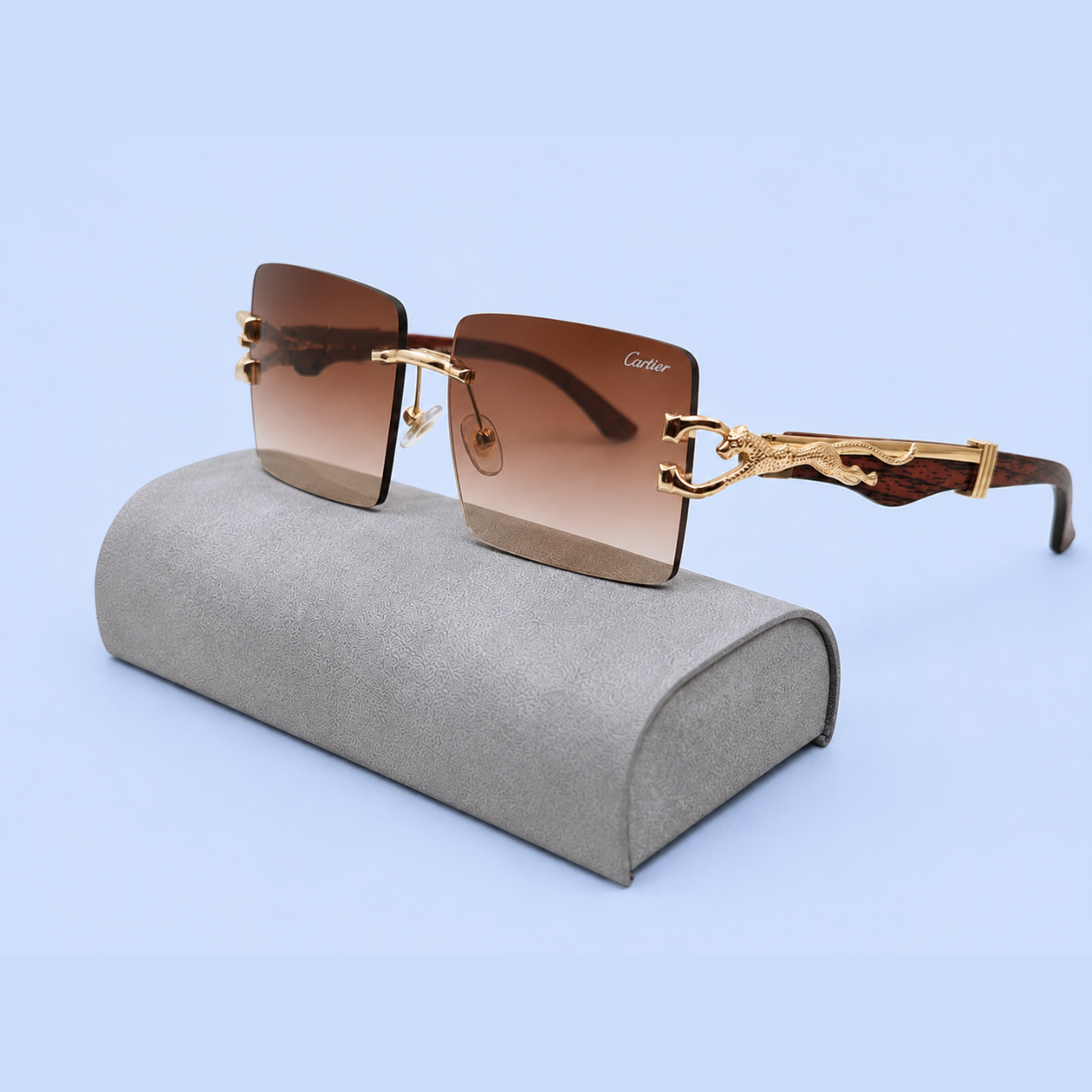 Cartier RR46 Golden Rimless Rectangle Sunglasses – Gradient Brown Lens – Premium Metal Frame with Wooden Texture Temples