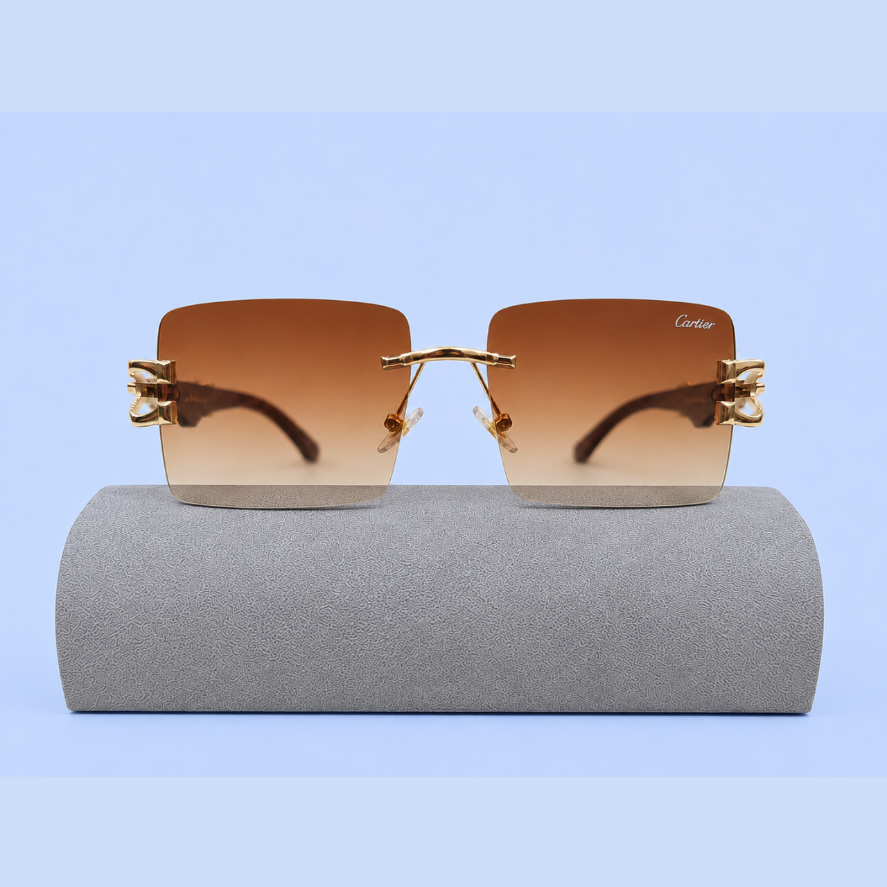 Cartier RR46 Golden Rimless Rectangle Sunglasses – Gradient Brown Lens – Premium Metal Frame with Wooden Texture Temples