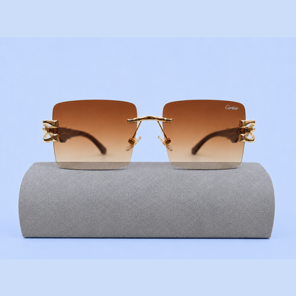 Cartier RR46 Golden Rimless Rectangle Sunglasses – Gradient Brown Lens – Premium Metal Frame with Wooden Texture Temples