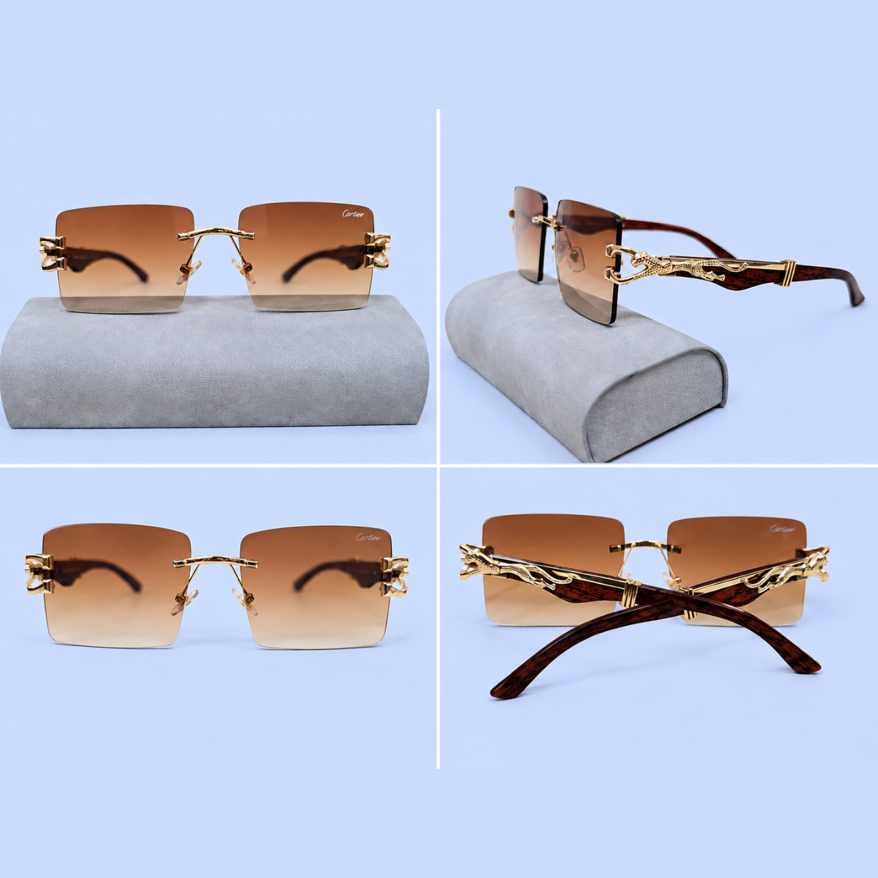 Cartier RR46 Golden Rimless Rectangle Sunglasses – Gradient Brown Lens – Premium Metal Frame with Wooden Texture Temples