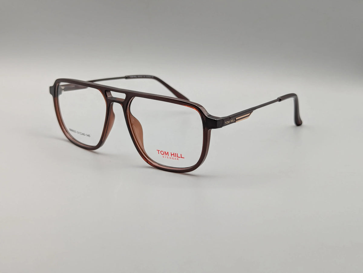 Dark Brown Browline Rectangular Eyeglasses with Black & Gold Temple Detail