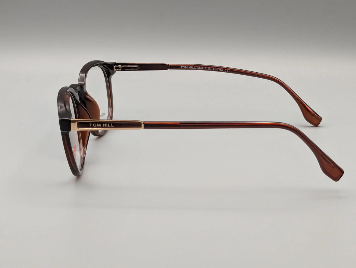 Dark Brown Rectangular Eyeglasses with Gold Temple Accent