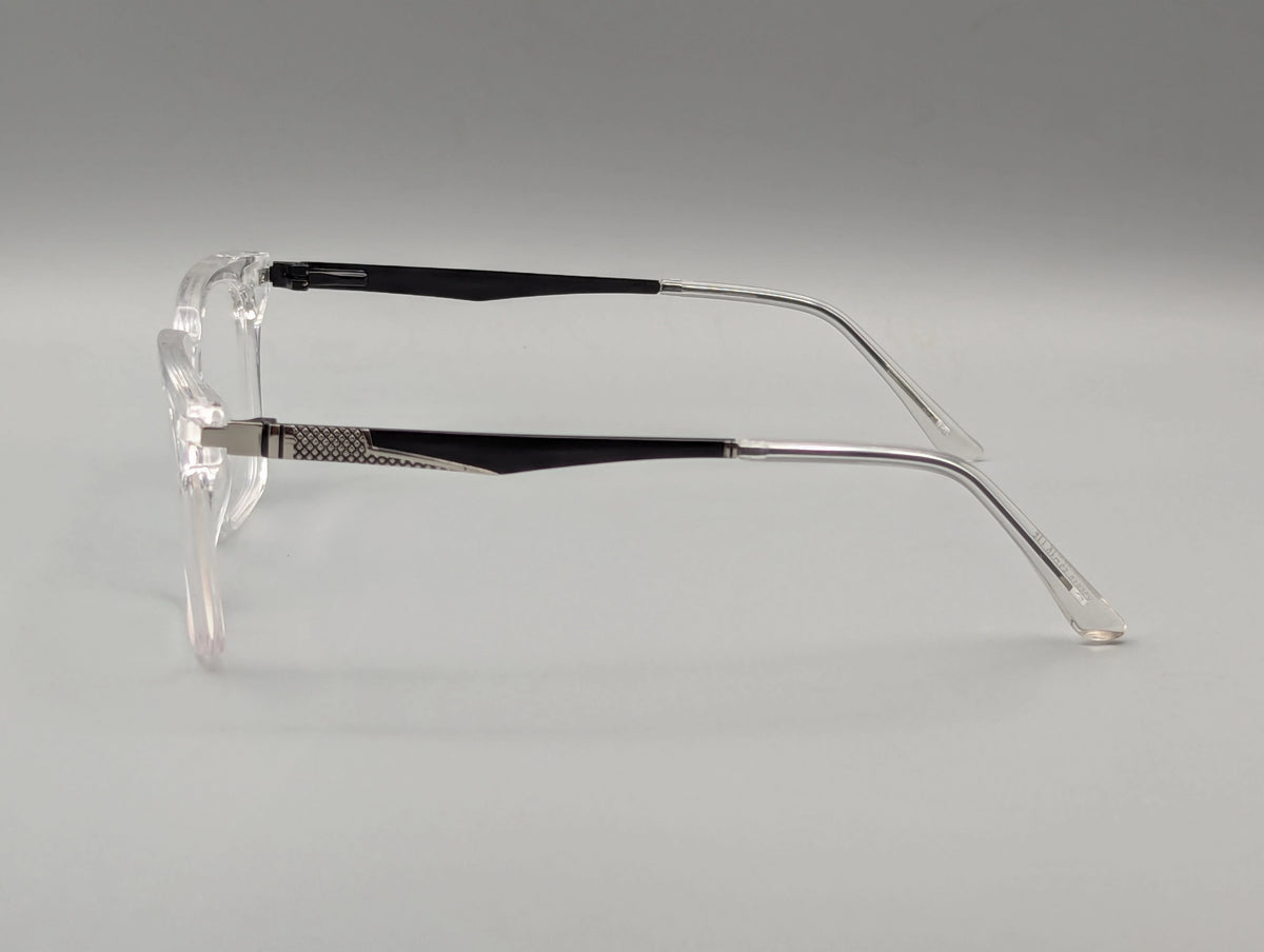 Crystal Clear Rectangular Eyeglasses with Black Temple Arms & Textured Metal Detail