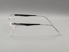Crystal Clear Rectangular Eyeglasses with Black Temple Arms & Textured Metal Detail