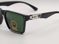 Classic Black Square Sunglasses with Green UV400 Lenses