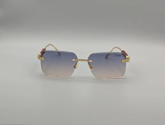 Rimless Gradient Blue Sunglasses with Gold & Wood-Style Temples