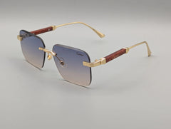 Rimless Gradient Blue Sunglasses with Gold & Wood-Style Temples