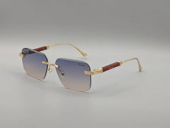 Rimless Gradient Blue Sunglasses with Gold & Wood-Style Temples