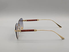 Rimless Gradient Blue Sunglasses with Gold & Wood-Style Temples